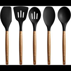 Non-Stick Silicone Kitchen Utensils Set with Natural Acacia Hard Wood Handle